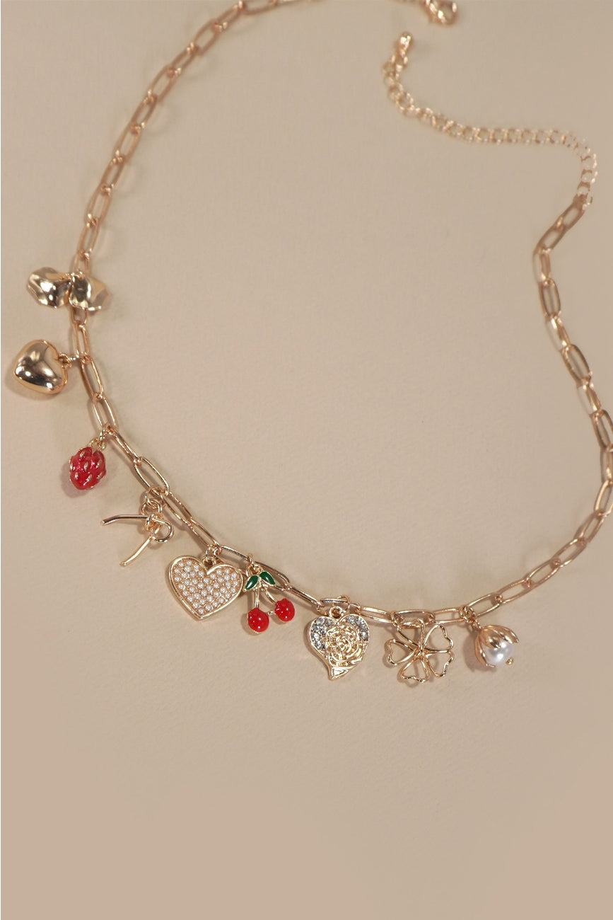 Cherry Bow Heart Charm Necklace