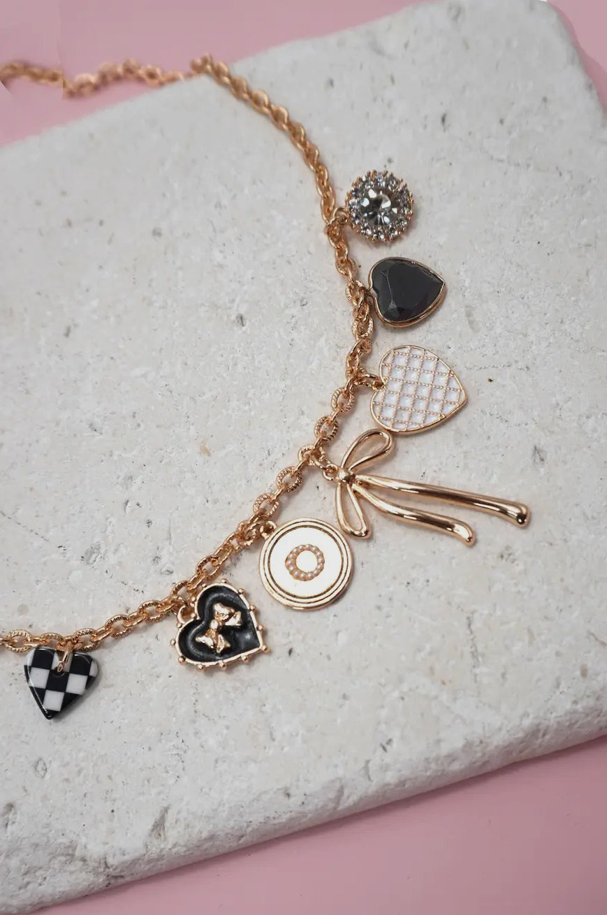 Charm Necklace - Bow Checker Heart Rhinestone
