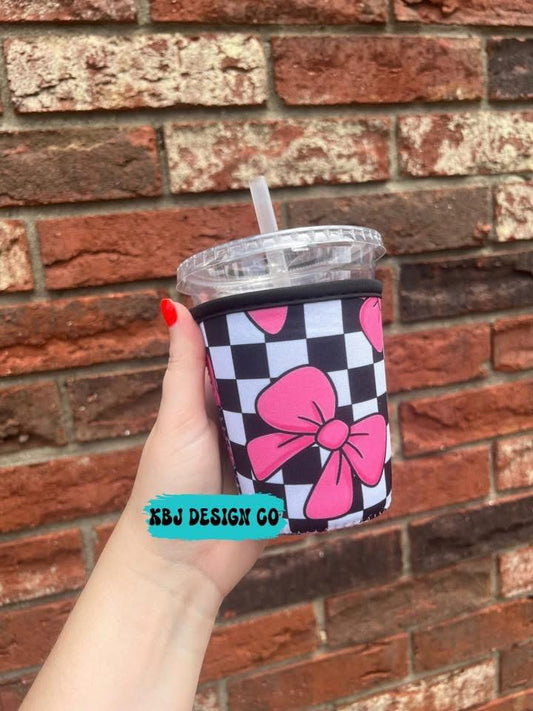 Checkered Pink Bows Cold Cup Sleeve