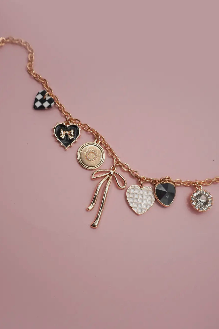 Charm Necklace - Bow Checker Heart Rhinestone