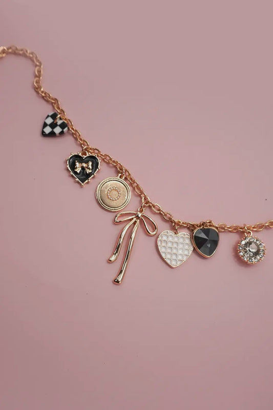Charm Necklace - Bow Checker Heart Rhinestone