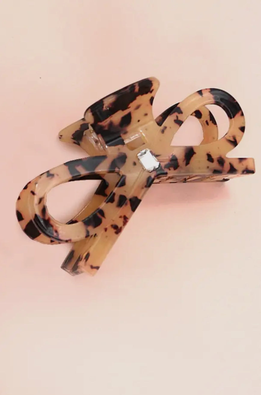 Large Bow Rhinestone Hair Claw Clip - Tortoise